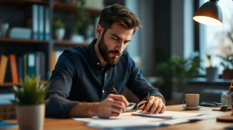Frau liest am Kuechen-Tisch Unterlagen zum Aufstiegs-BAfoeg in NRW