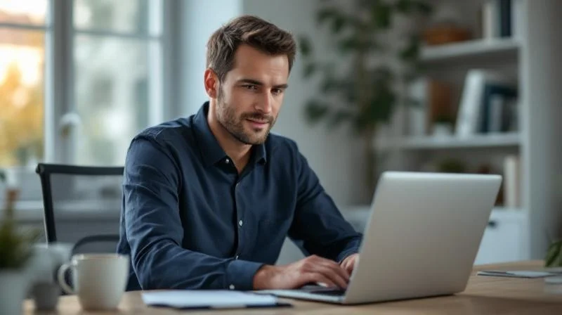 Mann sitzt am Schreibtisch und lernt am Laptop in einem hellen Buero in Recklinghausen