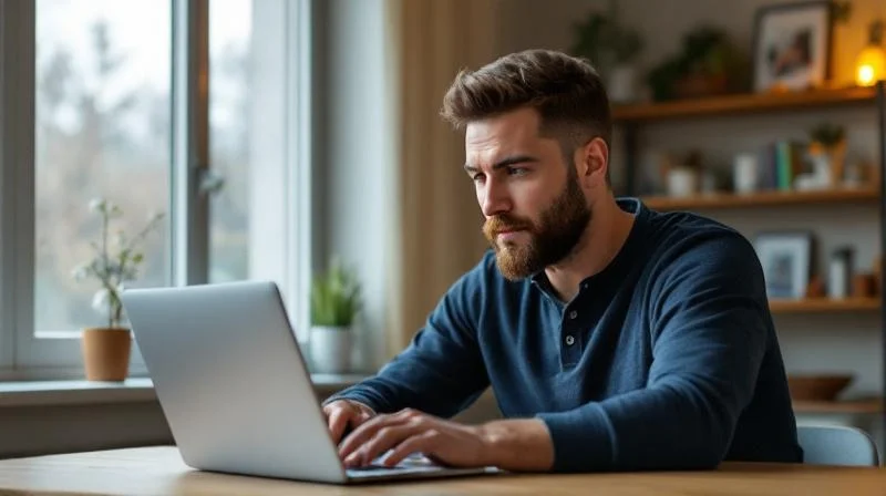 Mann sitzt an einem Schreibtisch in Recklinghausen und informiert sich am Laptop ueber Umschulungsmoeglichkeiten